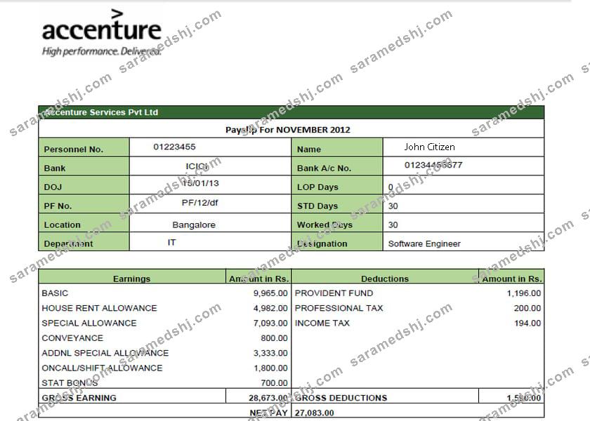 IRELAND ACCENTURE IT company earning statement in Word and PDF formats